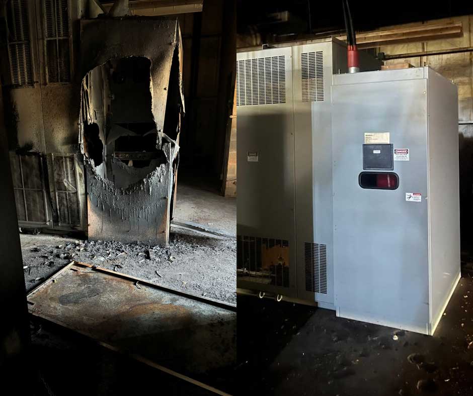 Electrical failure leads to arc flash before and after repairs by Hill Electric